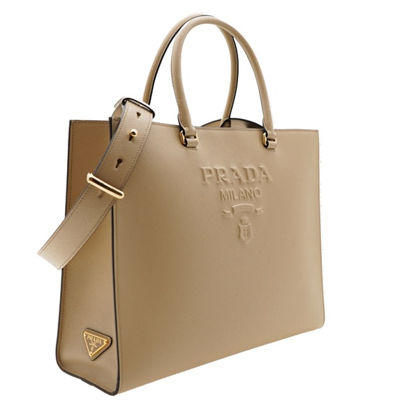 Prada Saffiano Lux Shoulder Bag Beige Leather Embossed Logo 1BA335 New - Picture 2 of 7
